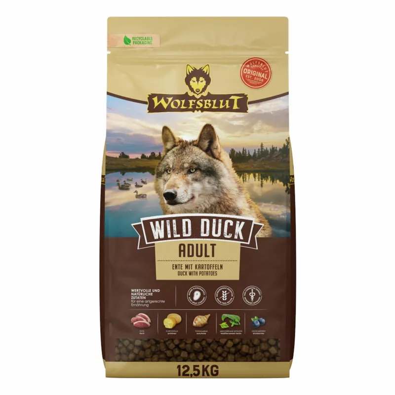 WOLFSBLUT Wild Duck Entenfleisch mit Kartoffeln 12,5kg Hundetrockenfutter Beliebt